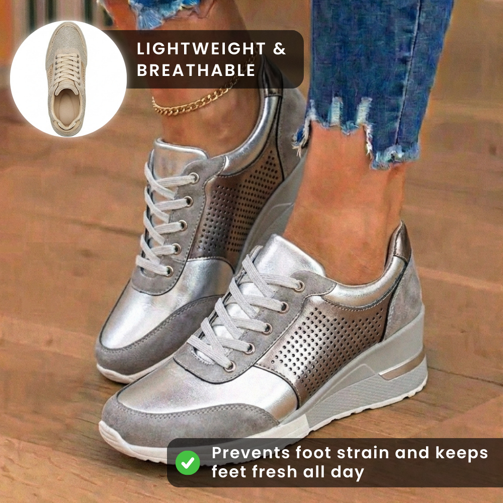 Orthopädische Leder-Keilabsatz-Sneaker - mit Glitter besetzt und perforierte Paneele