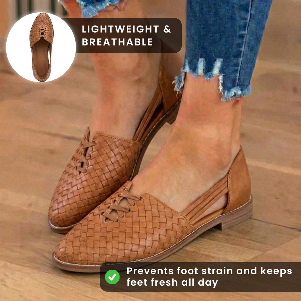 Orthopädische Leder-Geflecht-Slip-On-Flats - Flechtwerk-Ausschnitt-Detail