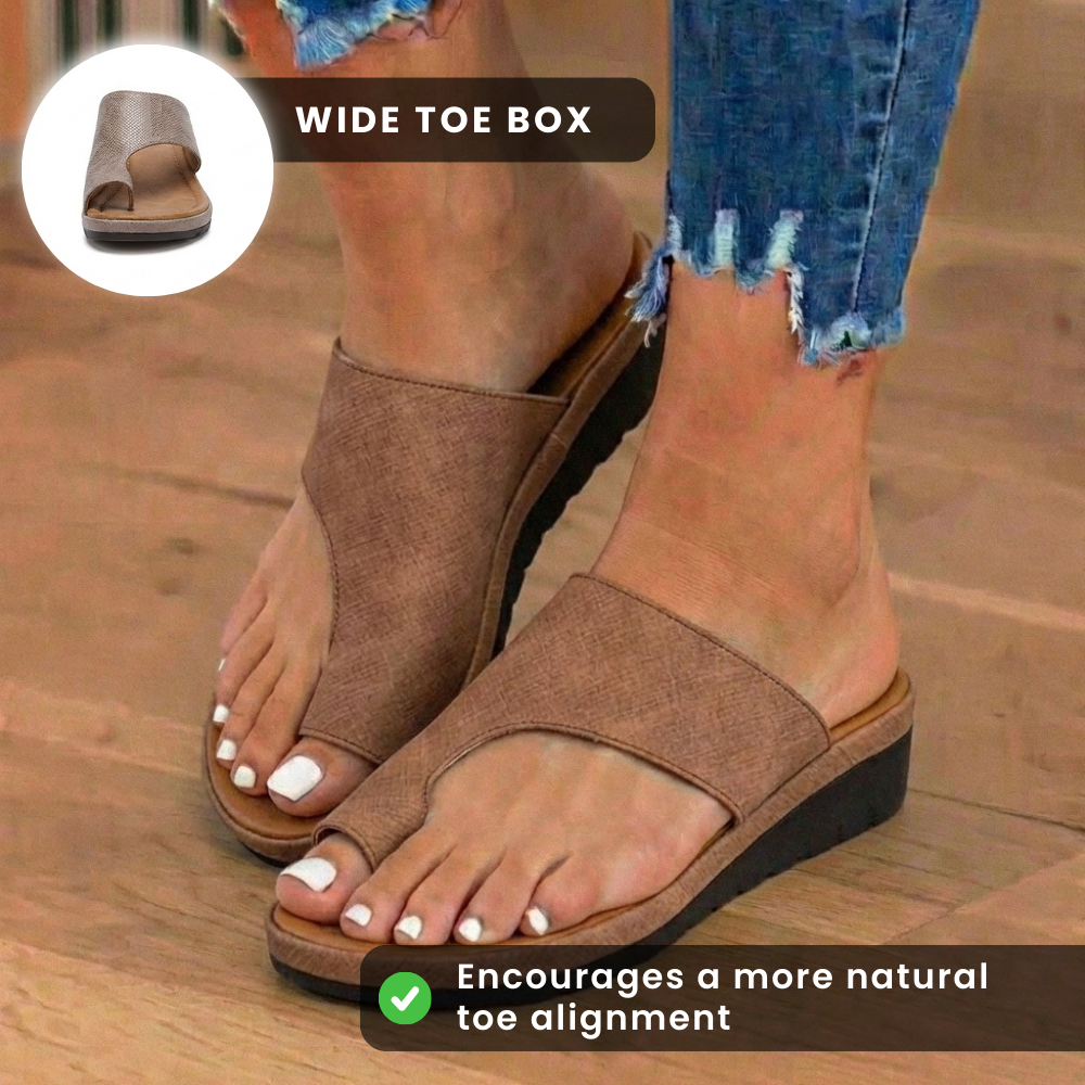 Orthopädische Leder-Zehenschlaufen-Slide-Sandalen - Gewobenes Texturtmuster