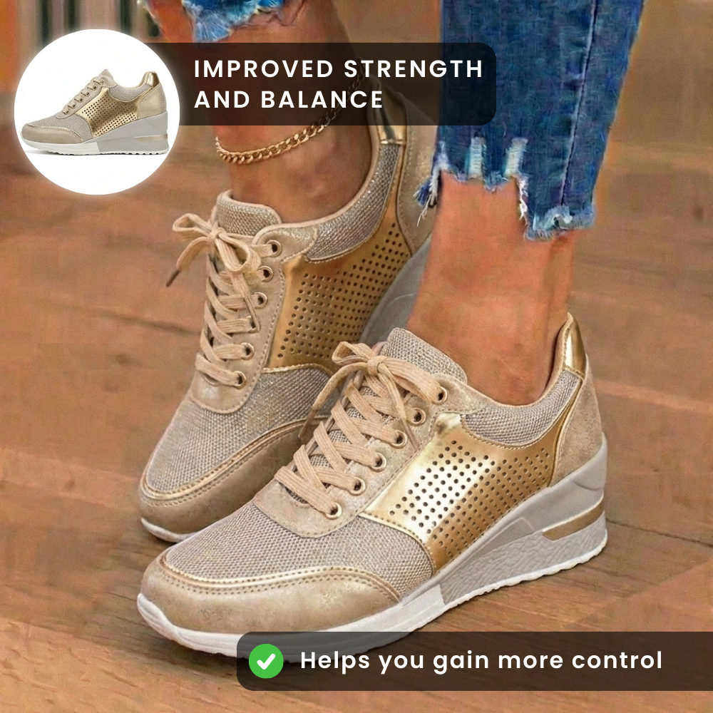 Orthopädische Leder-Keilabsatz-Sneaker - mit Glitter besetzt und perforierte Paneele