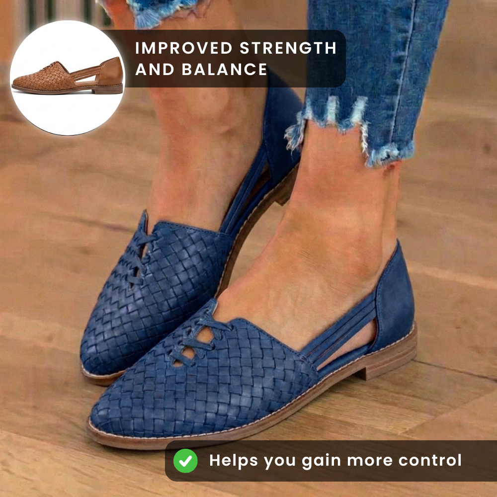 Orthopädische Leder-Geflecht-Slip-On-Flats - Flechtwerk-Ausschnitt-Detail
