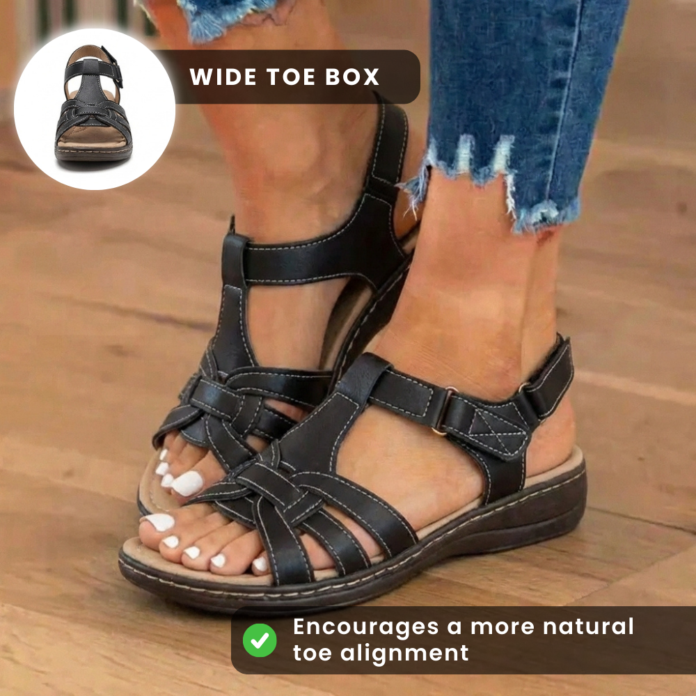 Orthopädische Leder-geflochtene T-Träger-Sandalen - Knöchelschnalle & Korksohle