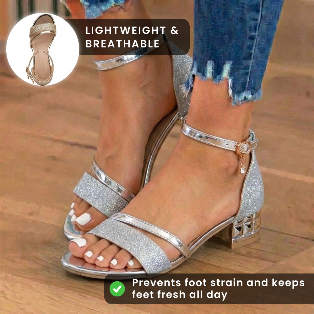 Orthopädische Glitter-Knöchelriemen-Sandalen - Metallischer Akzent & verzierter niedriger Absatz