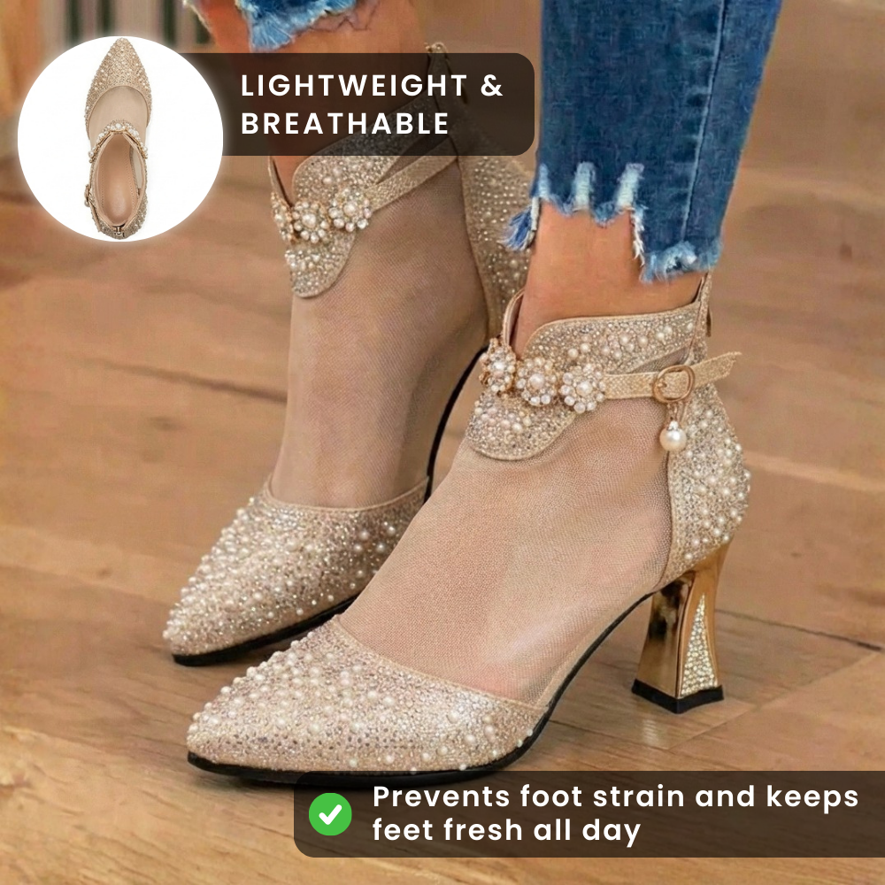 Orthopädische Mesh-Strass-Knöchel-Booties - Transparentes Panel & Blockabsatz