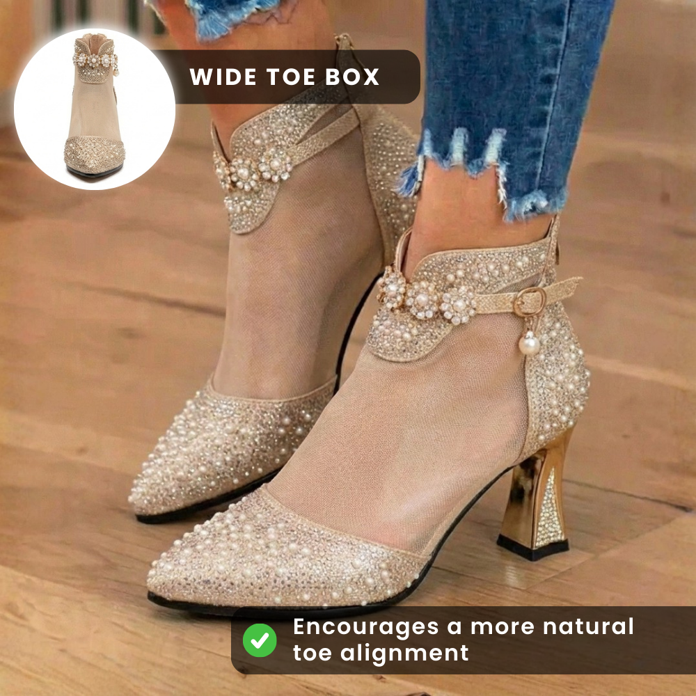 Orthopädische Mesh-Strass-Knöchel-Booties - Transparentes Panel & Blockabsatz