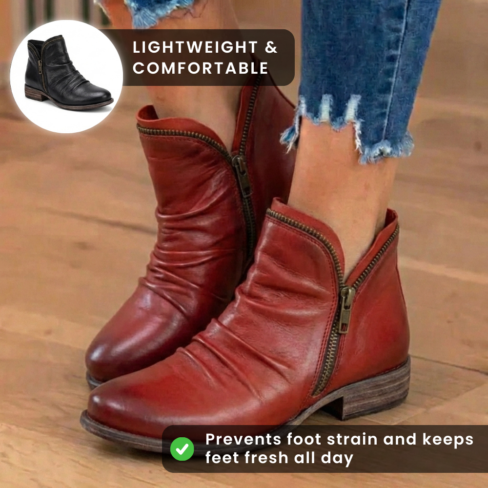 Orthopädische Leder-Stiefel mit Raffung - Seitenschluss niedriger Absatz