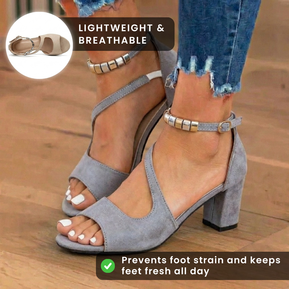 Orthopädische Wildleder-Blockabsatz-Sandalen - Metallischer Perlen-Knöchelriemen