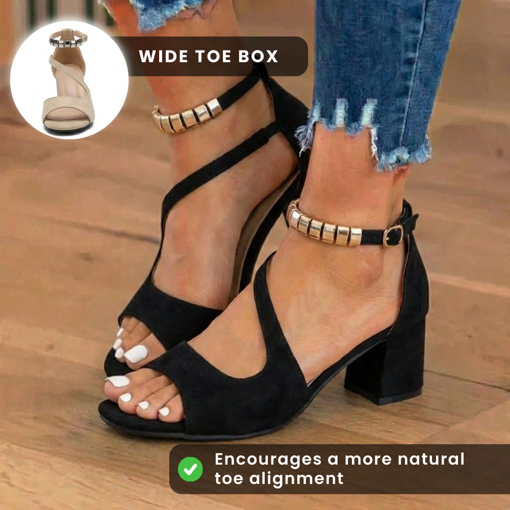 Orthopädische Wildleder-Blockabsatz-Sandalen - Metallischer Perlen-Knöchelriemen