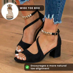 Orthopädische Wildleder-Blockabsatz-Sandalen - Metallischer Perlen-Knöchelriemen
