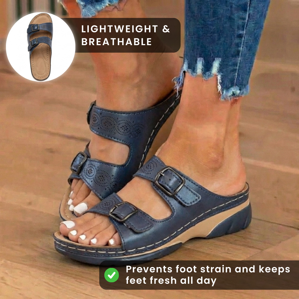 Orthopädische Leder-Platform-Slide-Sandalen - Doppelte Schnalle perforiertes Design