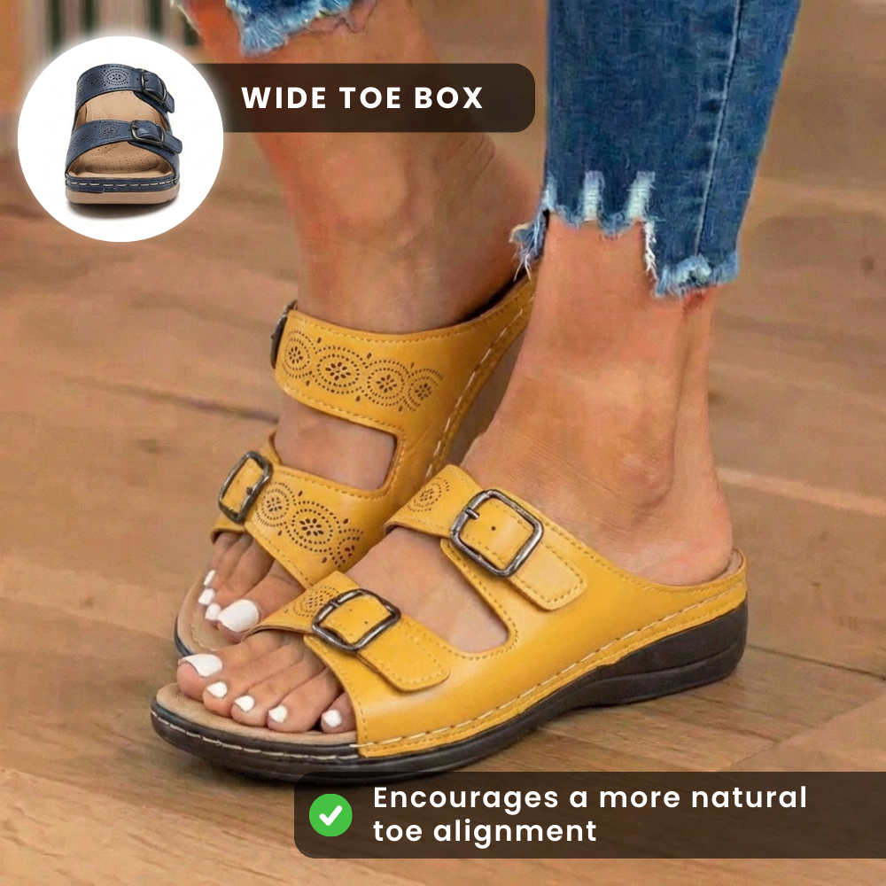 Orthopädische Leder-Platform-Slide-Sandalen - Doppelte Schnalle perforiertes Design