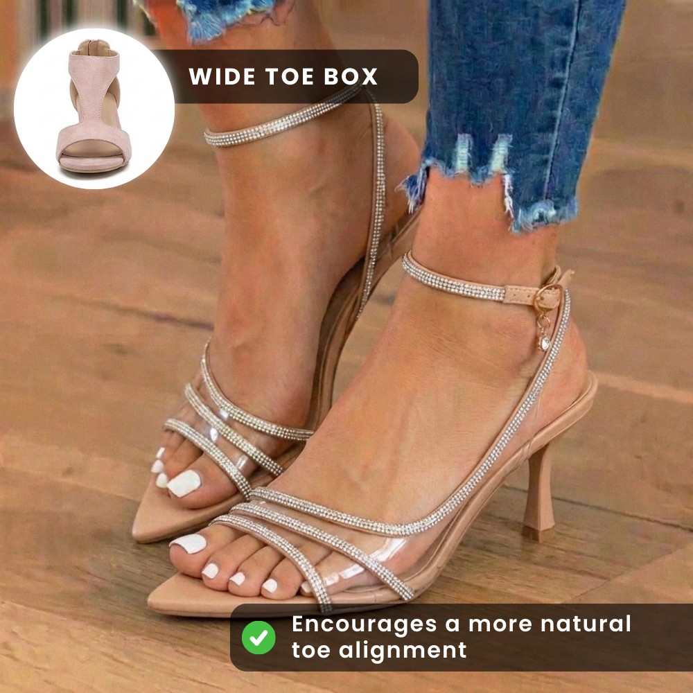 Orthopädische metallische Slingback-Heels - Kristall-Strass-Riemen-Detail