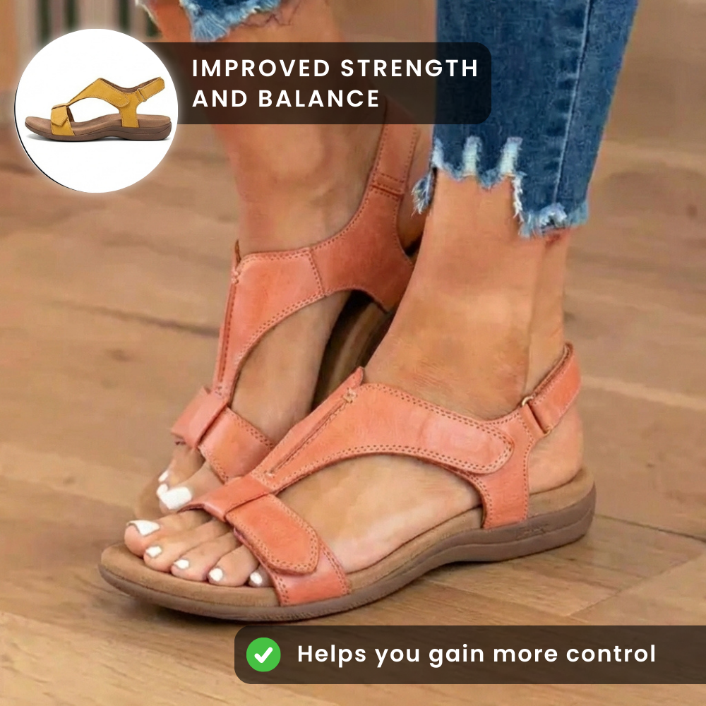 Orthopädische Leder-Knöchelriemen-Sandalen - Konturierter T-Bar Korkfußbett