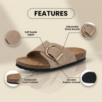Orthopädische Leder-Kork-Slide-Sandalen - Übergroße Schnalle Detail