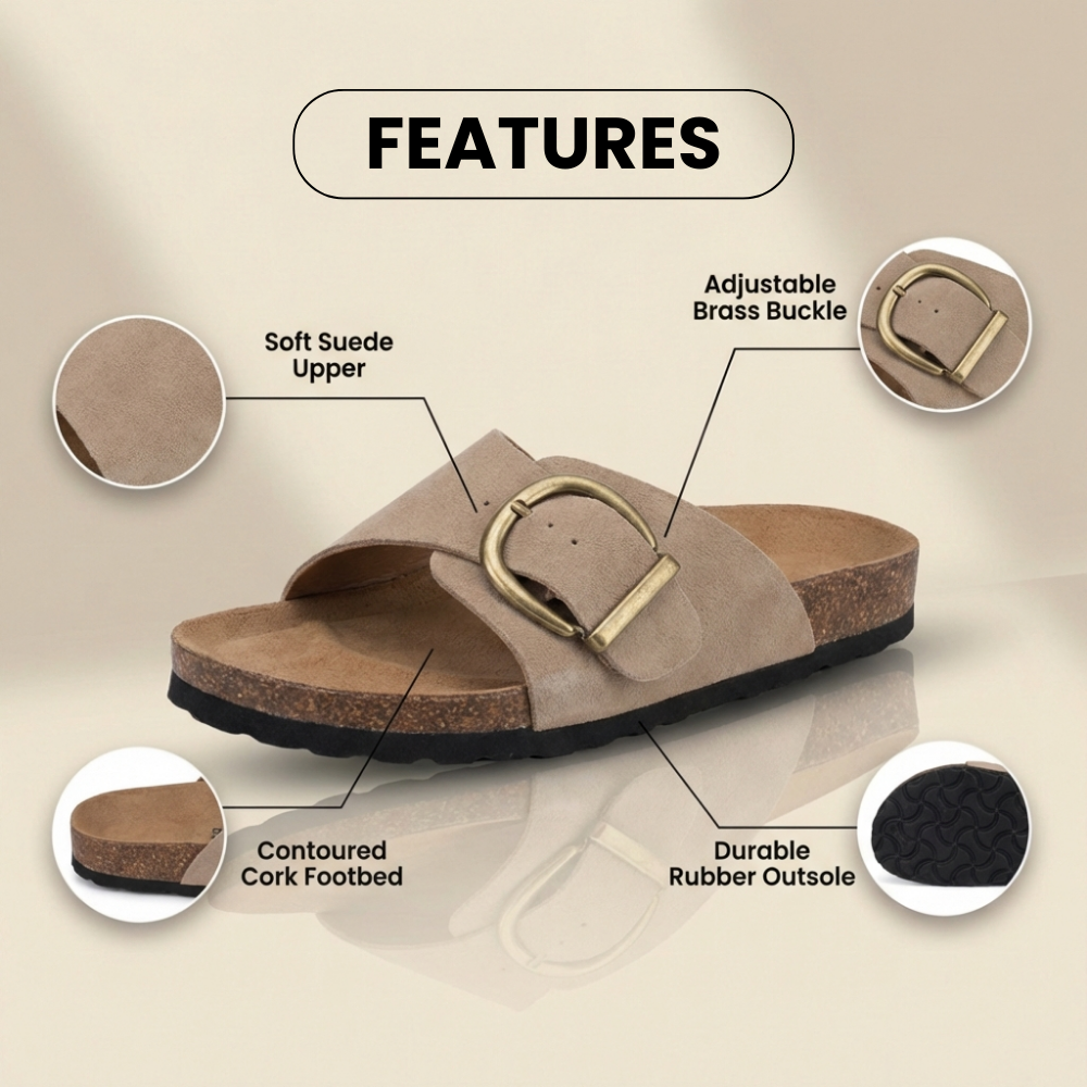 Orthopädische Leder-Kork-Slide-Sandalen - Übergroße Schnalle Detail
