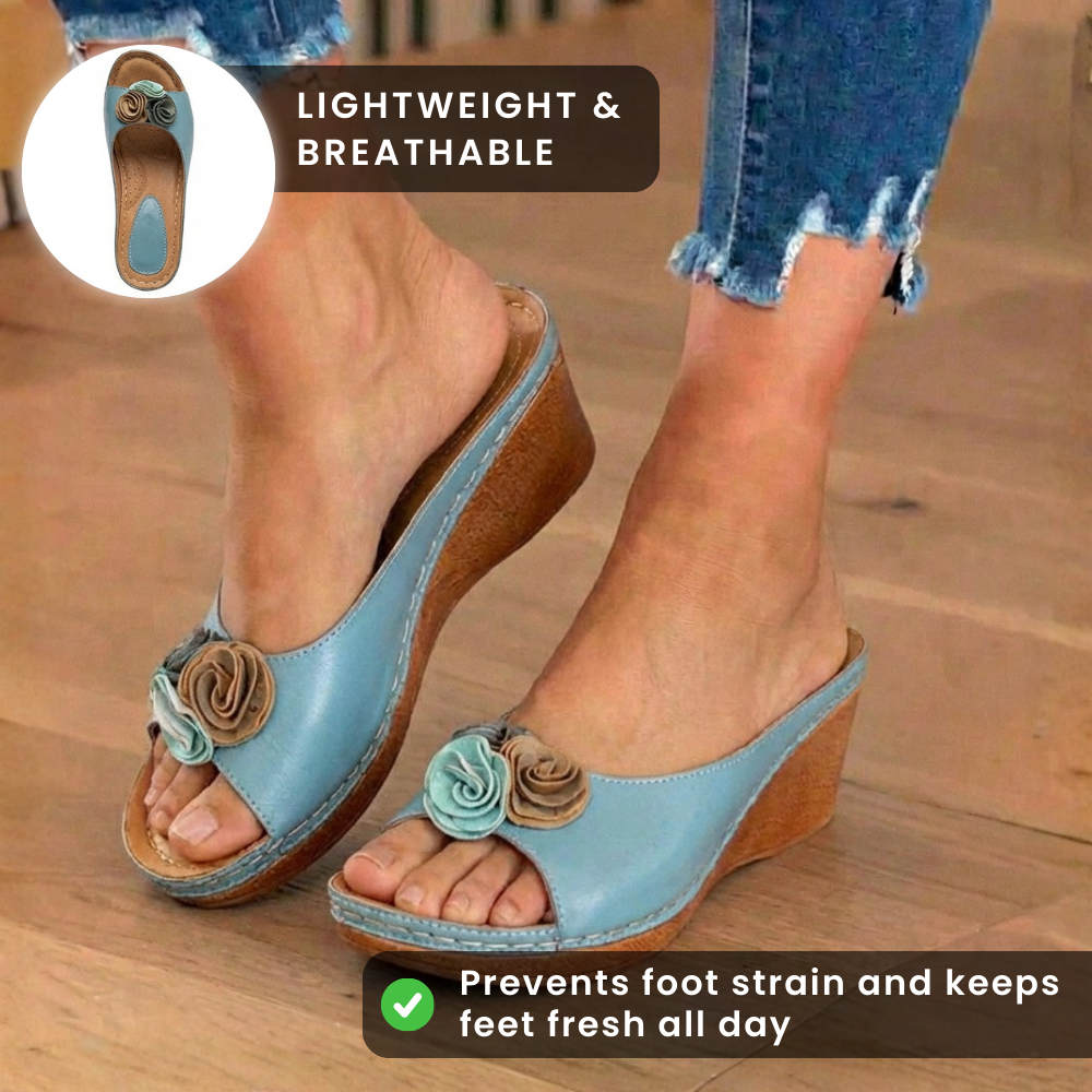 Orthopädische Leder-Keilsandalen - Doppeltes Rosetten-Blumen-Detail