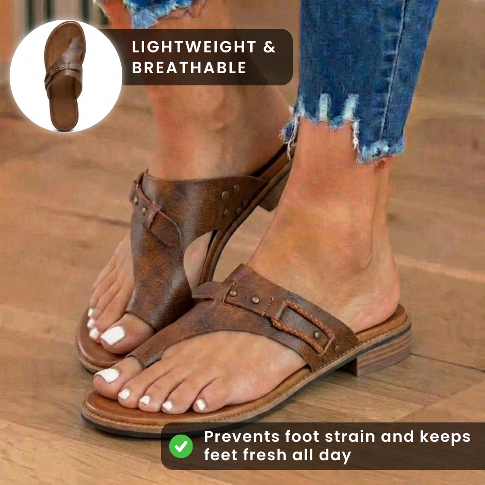 Orthopädische Leder-Zehenring-Sandalen - Schnallen-Akzent und Kork-Fußbett