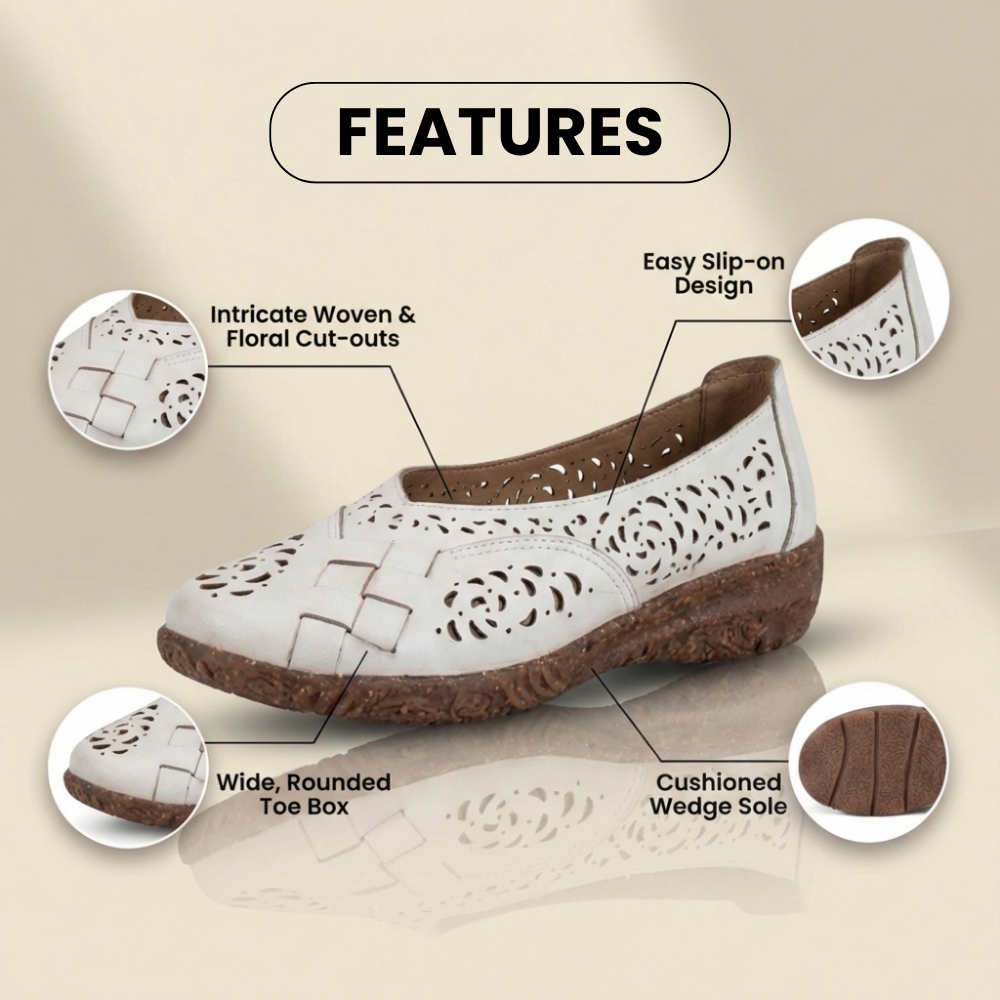 Orthopädische Leder-Slingback-Keilabsätze - Perforiertes Blumen-Ausschnitt-Muster