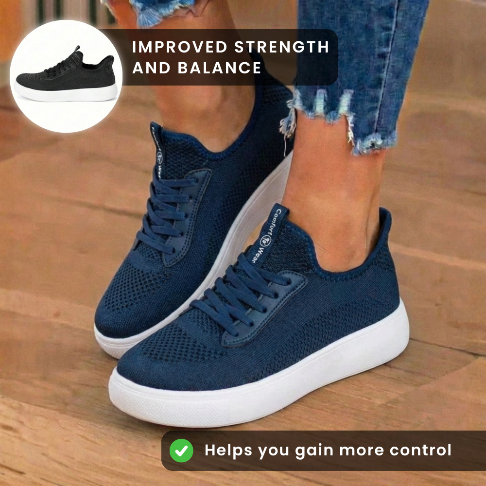Orthopädische Strick-Slip-On-Sneaker - dehnbarer Kragen und weiße Sohle