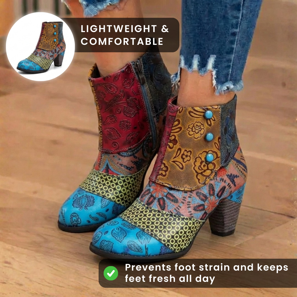 Orthopädische böhmische Patchwork-Knöchelstiefel - Geprägtes Leder