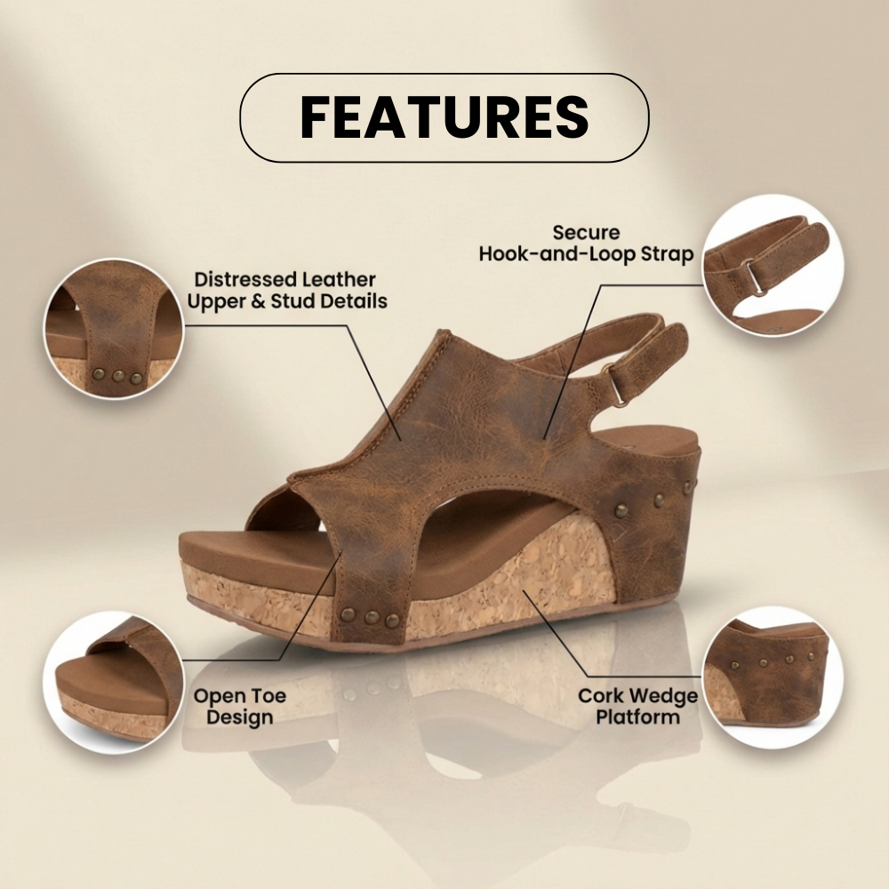 Orthopädische Leder-Nieten-Plateaukeilabsätze - Kork- & Ausschnitt-Design