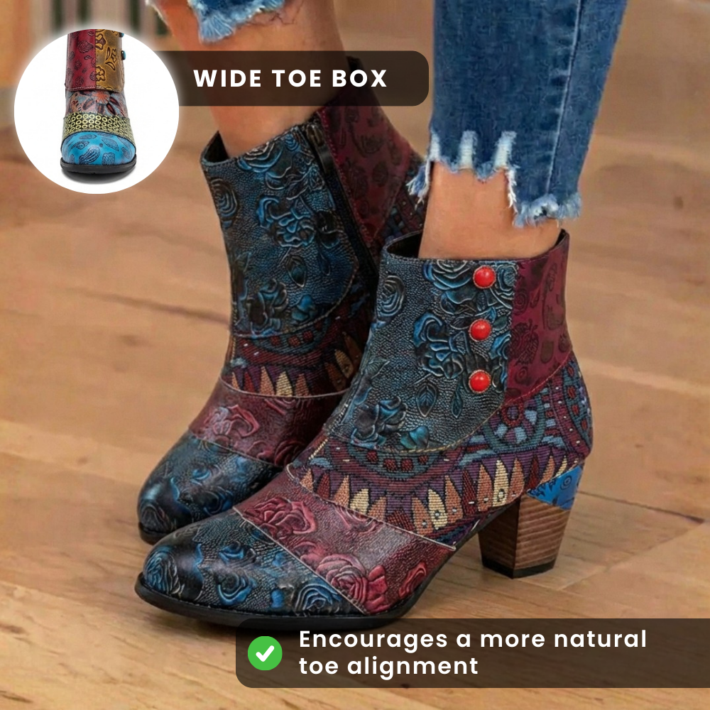 Orthopädische böhmische Patchwork-Knöchelstiefel - Geprägtes Leder