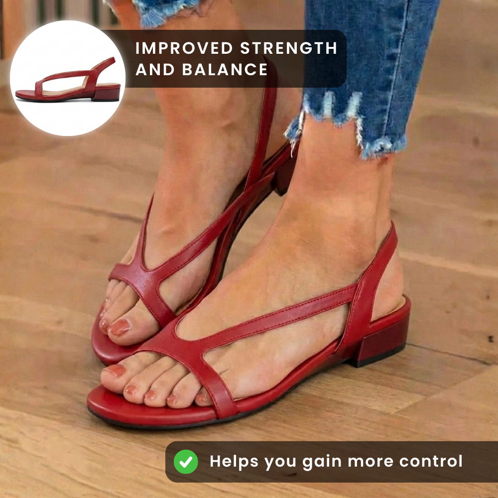 Orthopädische Leder-Sandalen mit niedrigem Absatz - Geometrischer Ausschnitt-Riemen