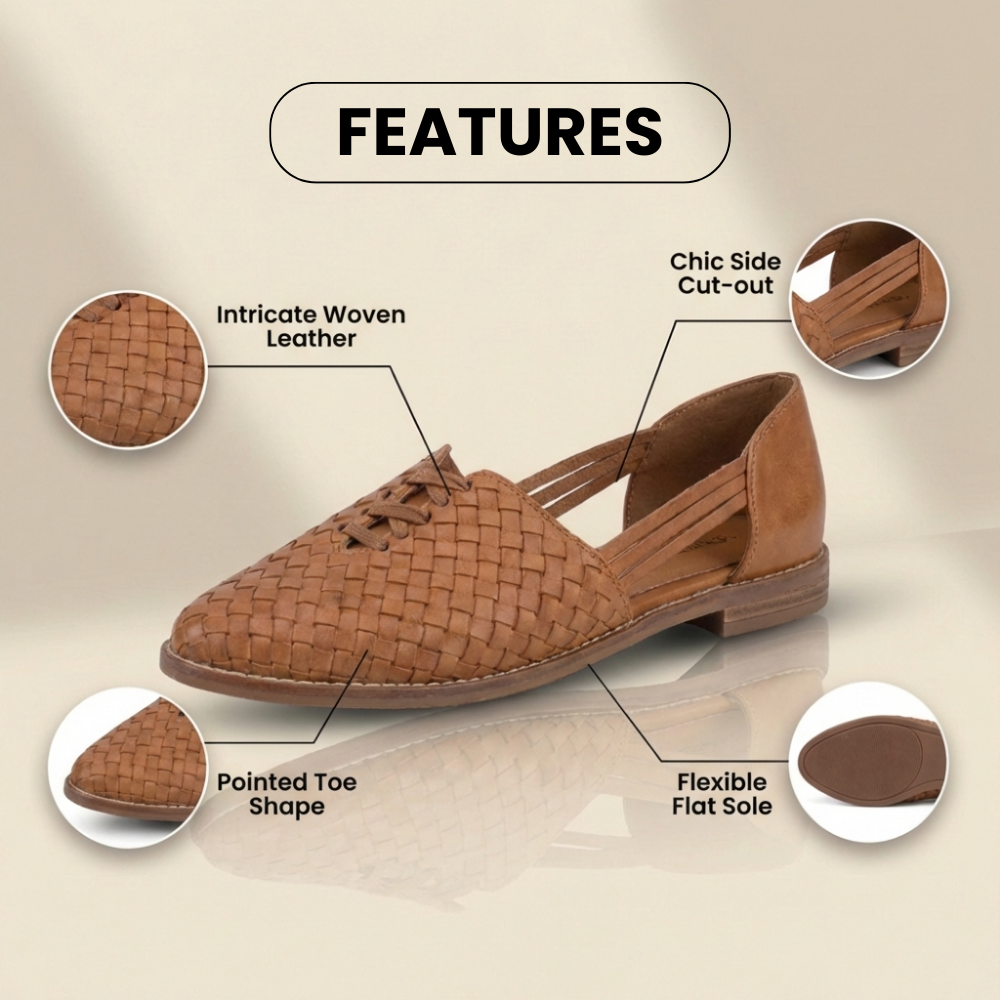 Orthopädische Leder-Geflecht-Slip-On-Flats - Flechtwerk-Ausschnitt-Detail