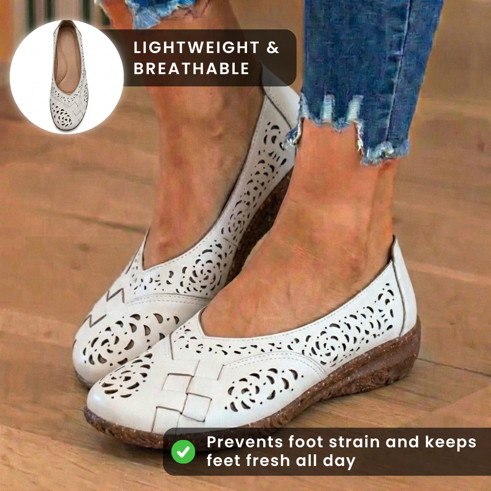 Orthopädische Leder-Slingback-Keilabsätze - Perforiertes Blumen-Ausschnitt-Muster