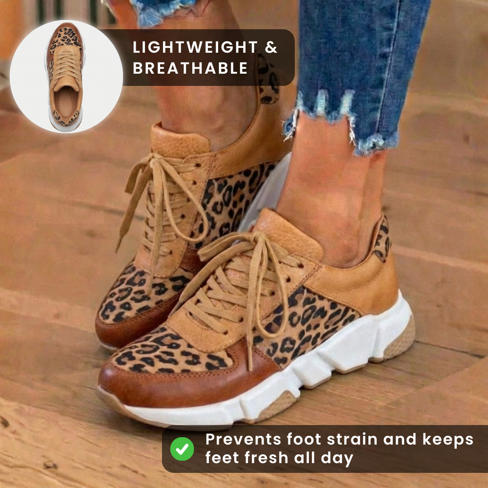 Orthopädische Leder-Plateau-Sneaker - Leoparden-Print-Paneele und Schnürverschluss