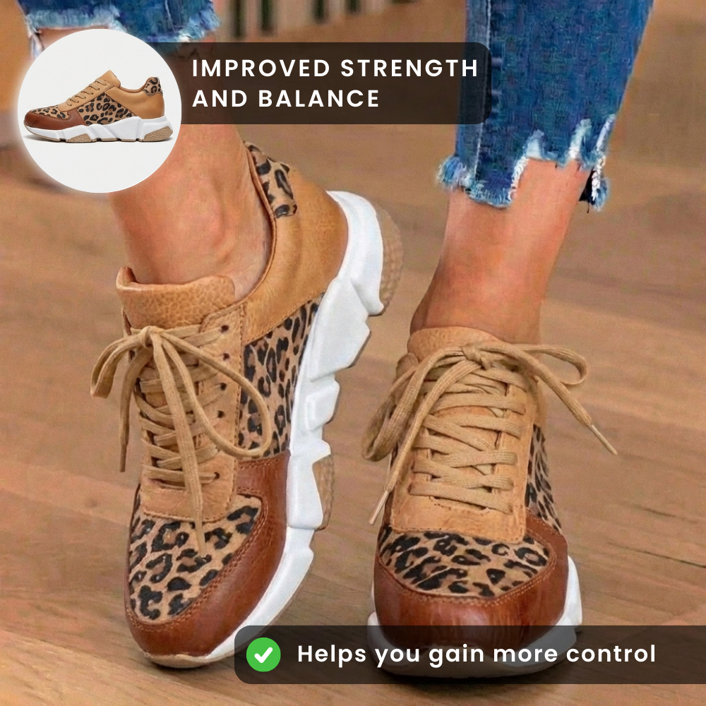 Orthopädische Leder-Plateau-Sneaker - Leoparden-Print-Paneele und Schnürverschluss