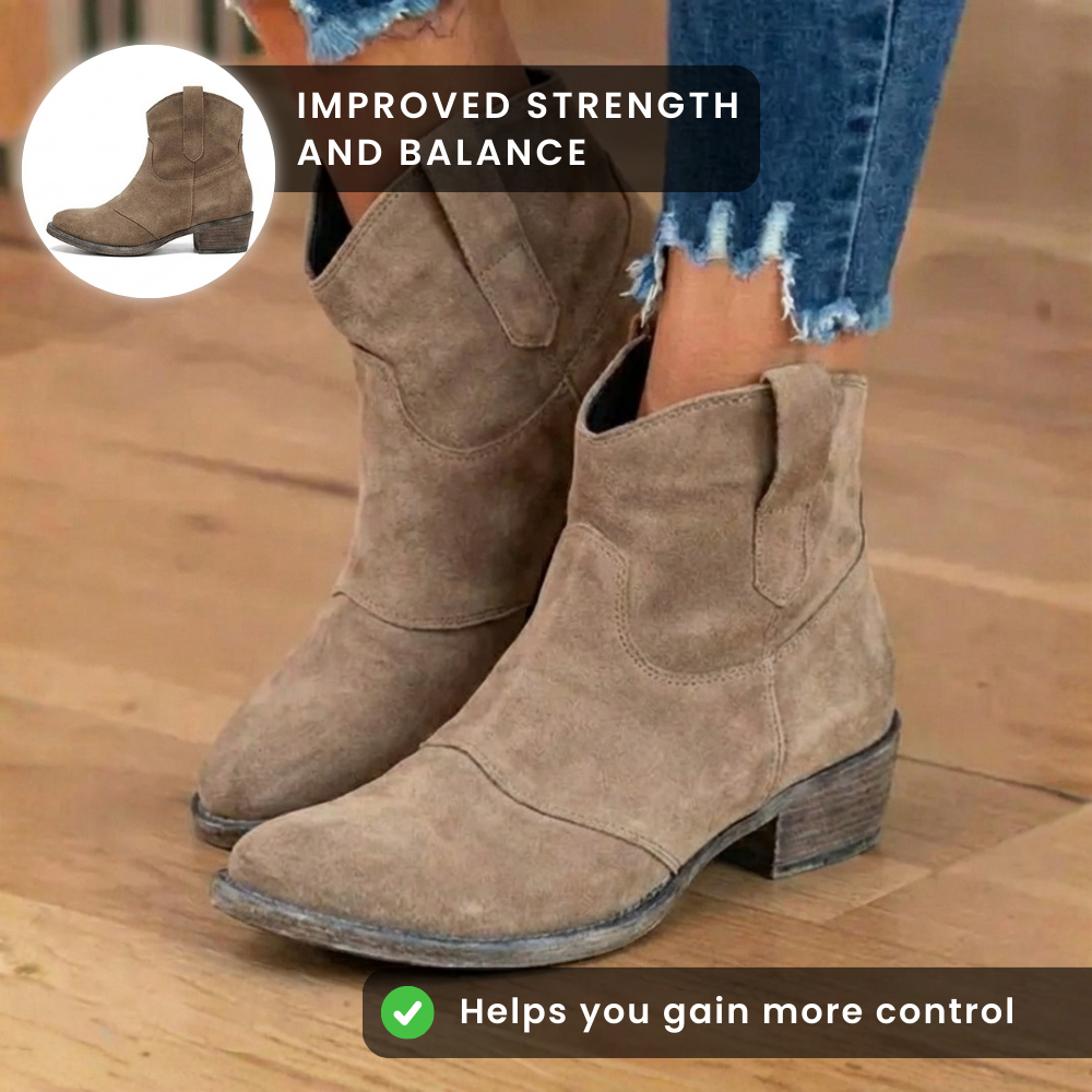 Orthopädische Wildleder-Western-Knöchelstiefel - Niedriger Blockabsatz Slip-On