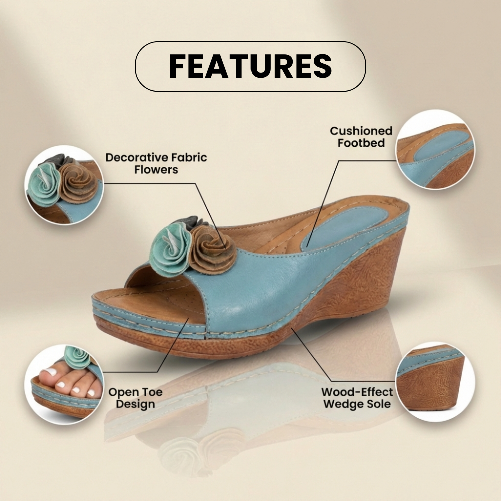 Orthopädische Leder-Keilsandalen - Doppeltes Rosetten-Blumen-Detail