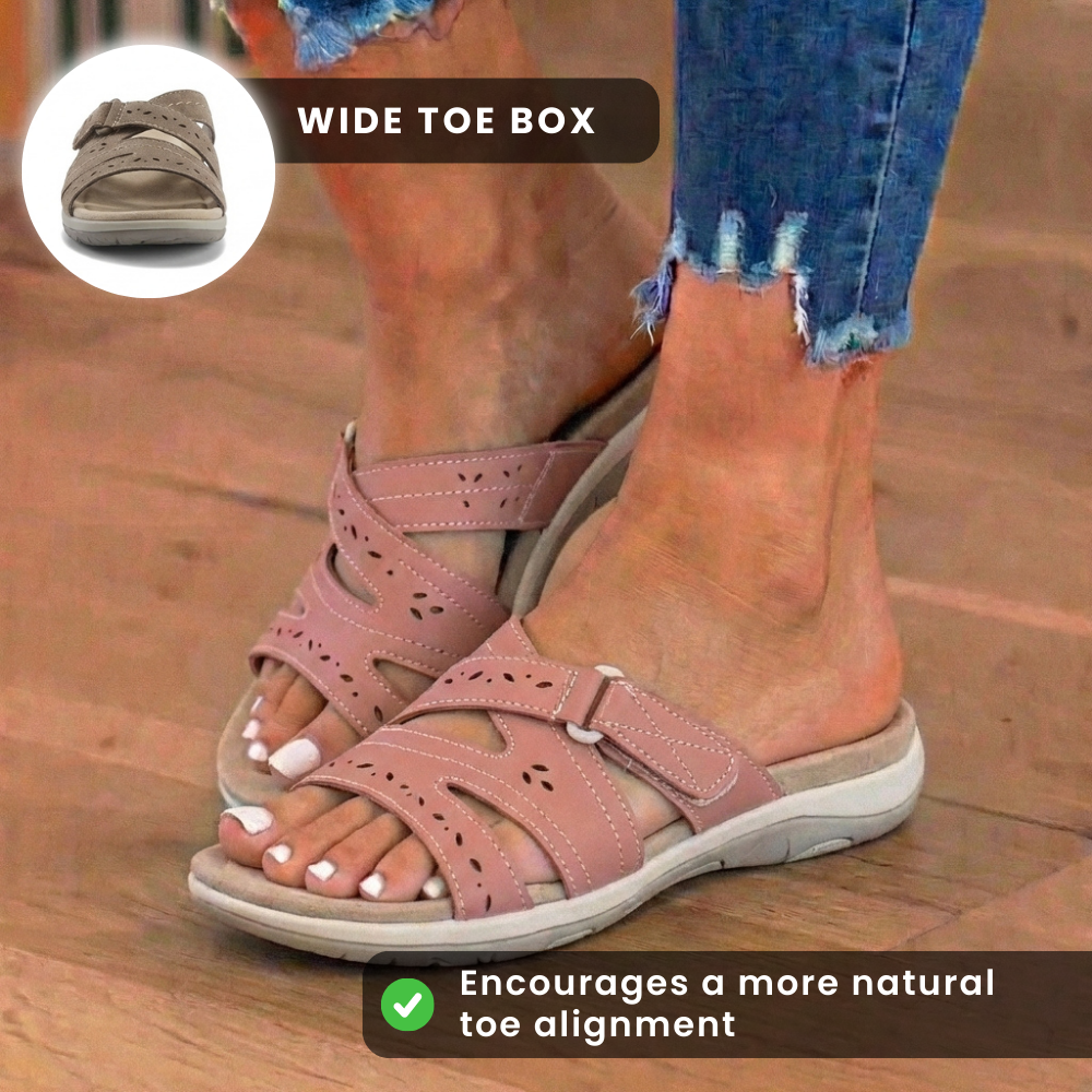 Orthopädische Wildleder-Slide-Sandalen - perforierter Ausschnitt und Klettverschluss