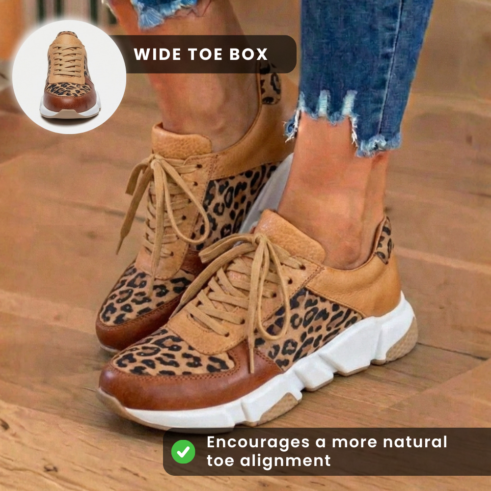 Orthopädische Leder-Plateau-Sneaker - Leoparden-Print-Paneele und Schnürverschluss