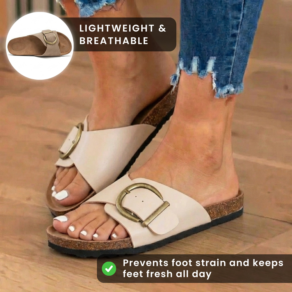 Orthopädische Leder-Kork-Slide-Sandalen - Übergroße Schnalle Detail