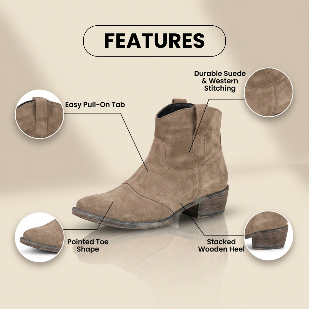 Orthopädische Wildleder-Western-Knöchelstiefel - Niedriger Blockabsatz Slip-On