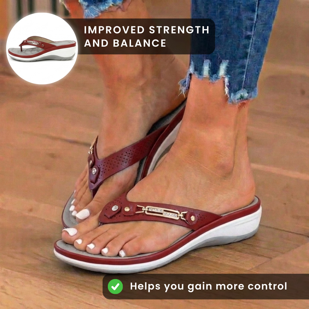 Orthopädische verzierte Keilabsatz-Zehenstegsandalen - Strass und Metallhardware