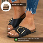Orthopädische Leder-Kork-Slide-Sandalen - Übergroße Schnalle Detail