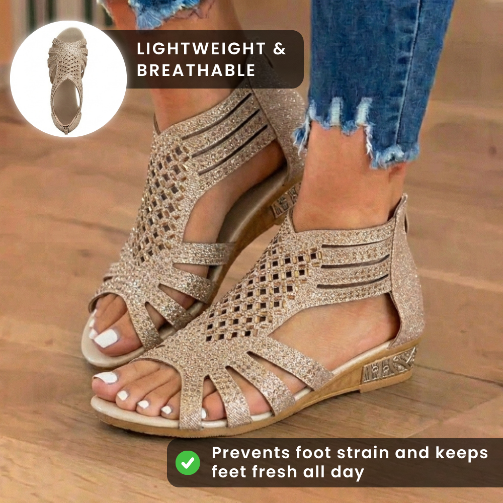 Orthopädische Glitter-Gladiator-Keilsandalen - Multi-Riemen geometrischer Ausschnitt
