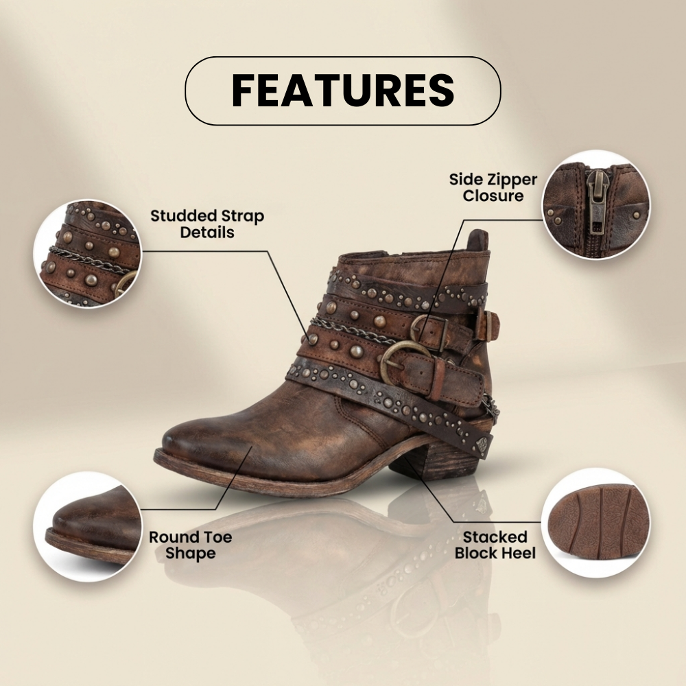 Orthopädische Leder-Nieten-Knöchelstiefel - Ketten- & Niet-Detail