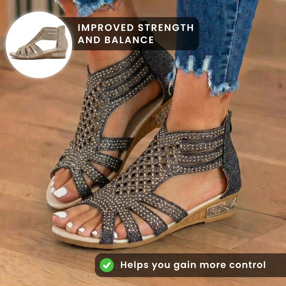 Orthopädische Glitter-Gladiator-Keilsandalen - Multi-Riemen geometrischer Ausschnitt
