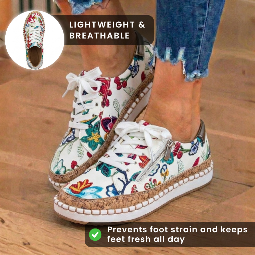Orthopädische Canvas-Espadrille-Sneaker - bestickte Blumenmuster und Kork-Trim-Detail