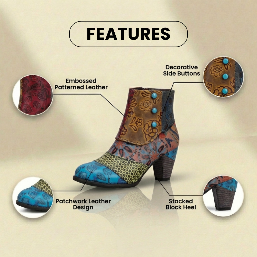 Orthopädische böhmische Patchwork-Knöchelstiefel - Geprägtes Leder