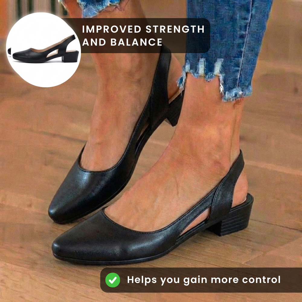 Orthopädische Leder-V-Ausschnitt-Blockabsatz-Pumps - Topstitch-Detail
