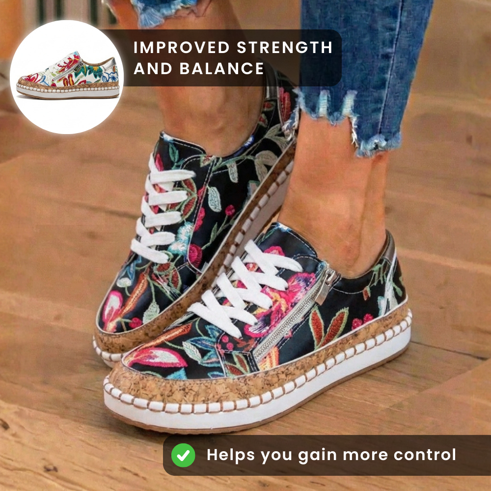 Orthopädische Canvas-Espadrille-Sneaker - bestickte Blumenmuster und Kork-Trim-Detail