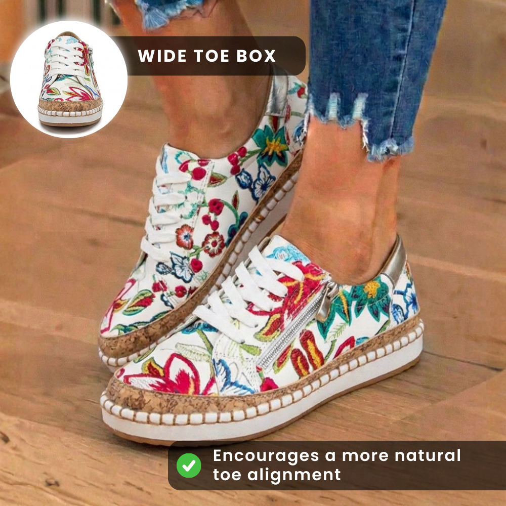 Orthopädische Canvas-Espadrille-Sneaker - bestickte Blumenmuster und Kork-Trim-Detail