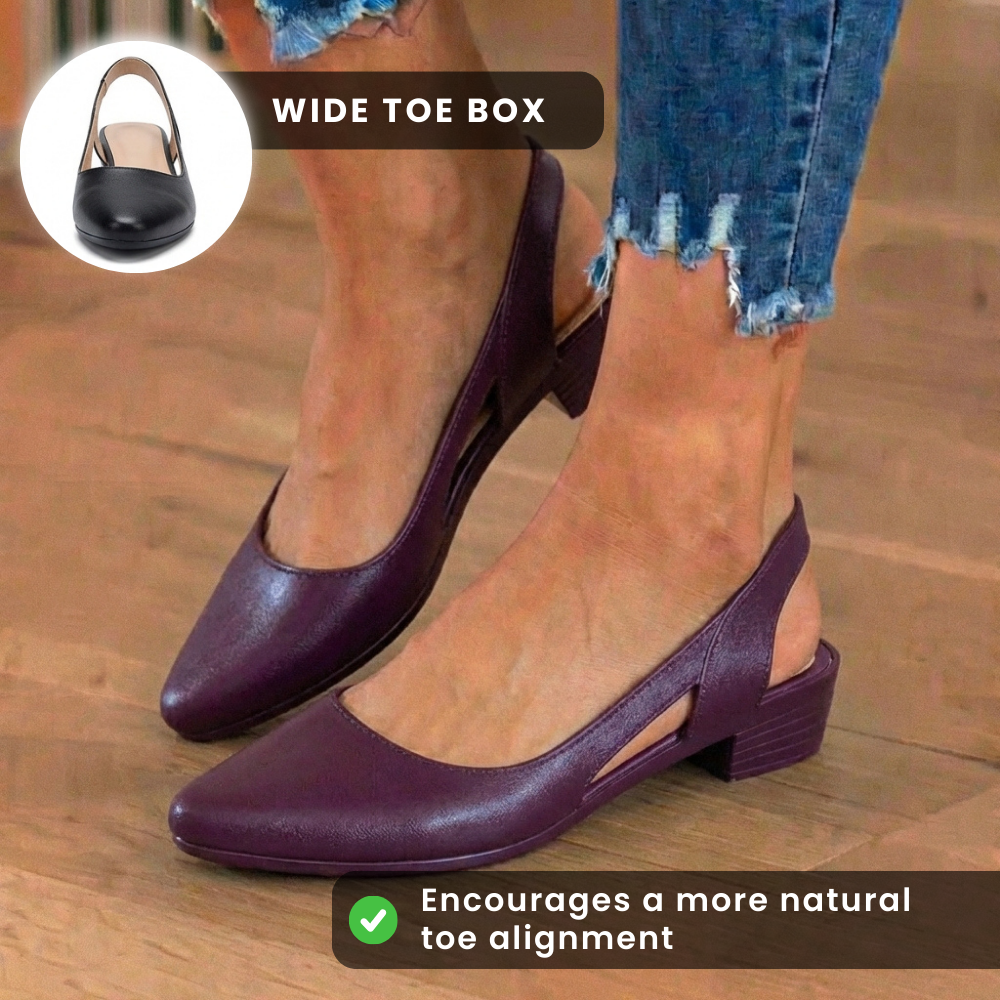 Orthopädische Leder-V-Ausschnitt-Blockabsatz-Pumps - Topstitch-Detail