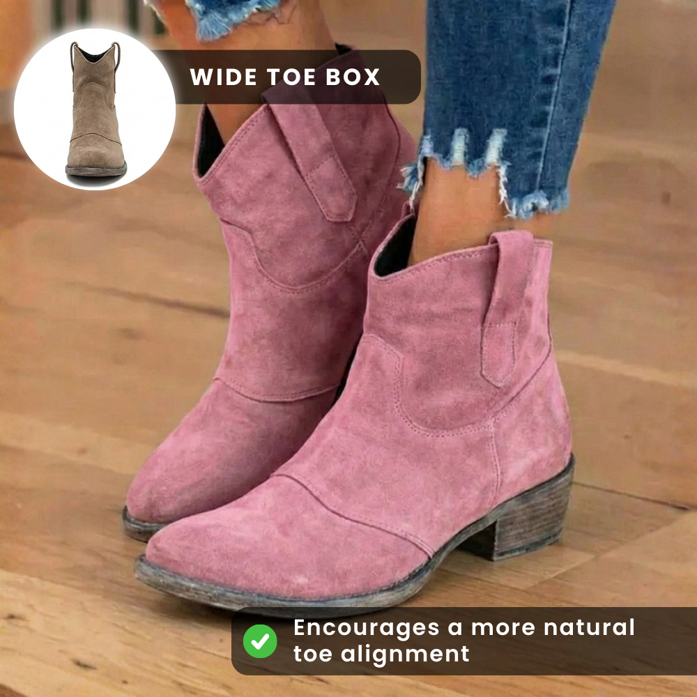 Orthopädische Wildleder-Western-Knöchelstiefel - Niedriger Blockabsatz Slip-On