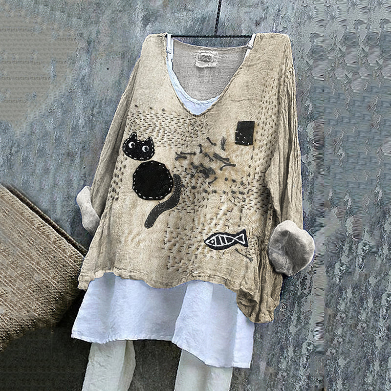 Comstylish Vintage Abstract Cat Sashiko Art Linen Blend Blouse